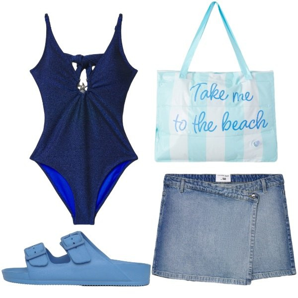 Outfit donna - Costume brillante. Stile Trendy per Mare. Abbinamento con costumi interi, gonne, borse tote, ciabatte.