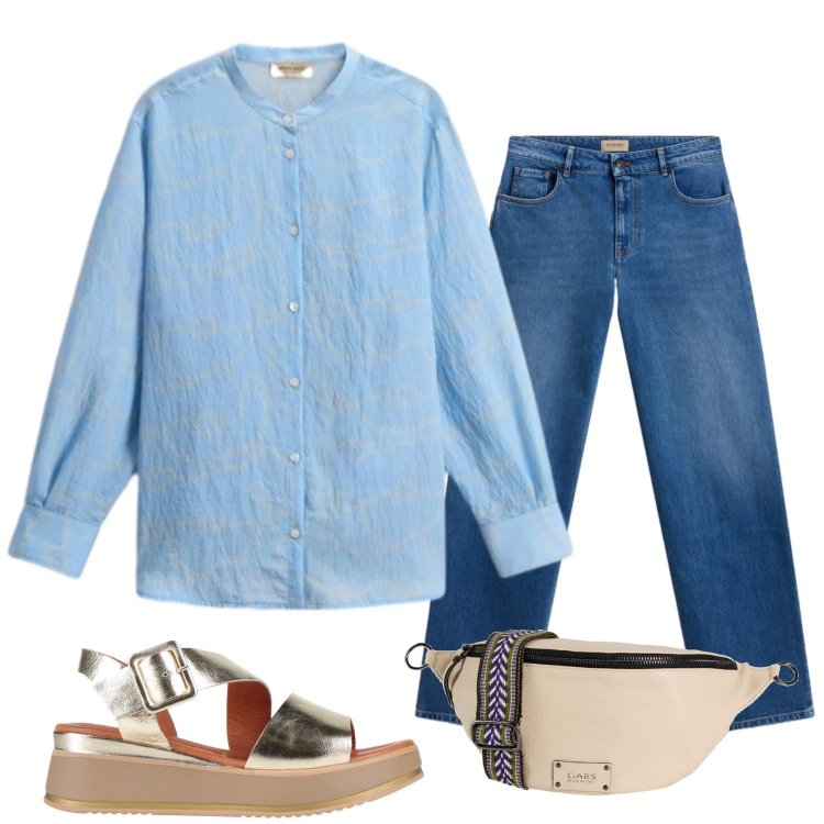 Outfit donna - Total look #2436158. Stile Glamour per Tutti i giorni. Abbinamento con marsupi, sandali in pelle, jeans, camicie.