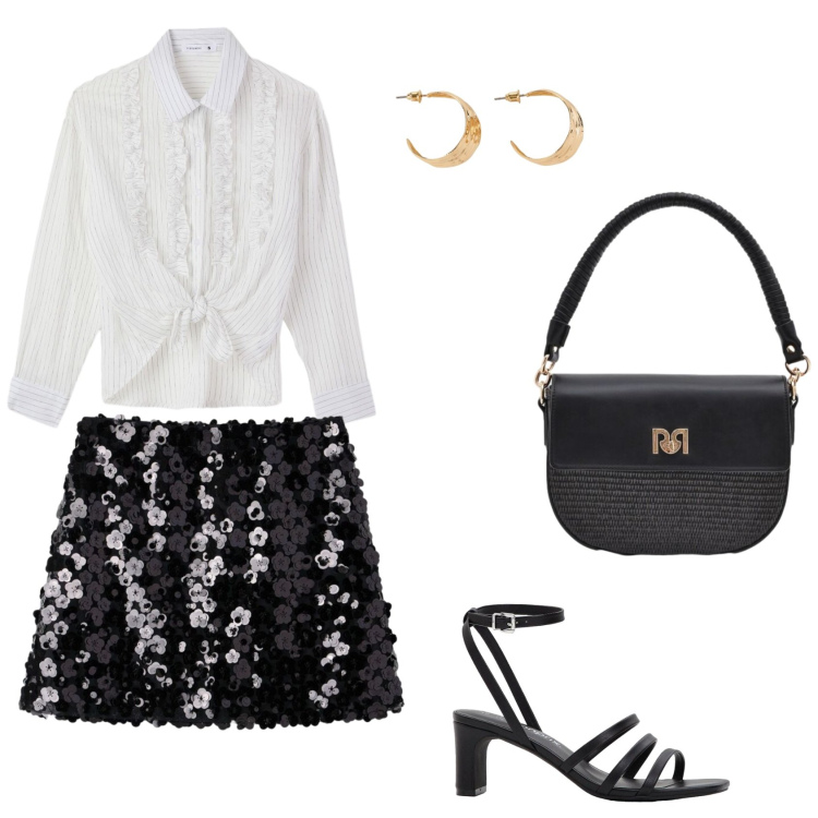 Outfit donna - Total look #2436159. Stile Glamour per Serata fuori. Abbinamento con sandali col tacco, orecchini, camicie, minigonne, borse a spalla.