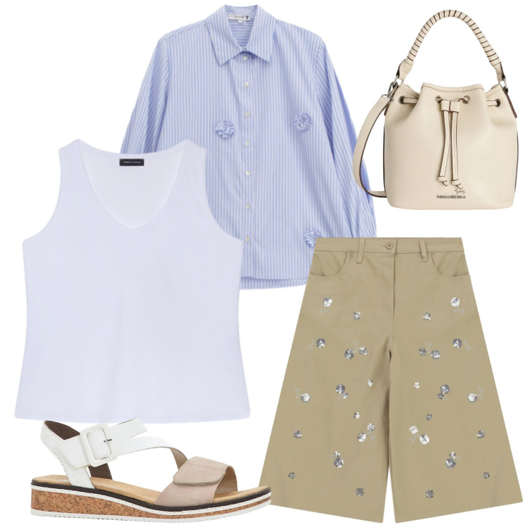Outfit donna - Total look #2436160. Stile Casual chic per Tutti i giorni. Abbinamento con sandali, borse a secchiello, canottiere, bermuda, camicie.