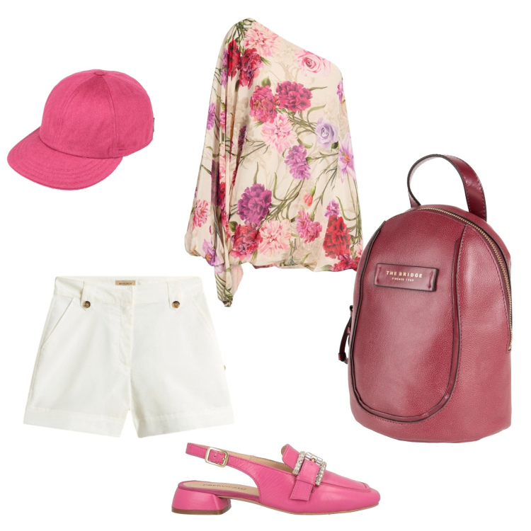 Outfit donna - Total look #2436162. Stile Casual chic per Tutti i giorni. Abbinamento con zaini, cappelli con visiera, top, décolleté, pantaloni corti.