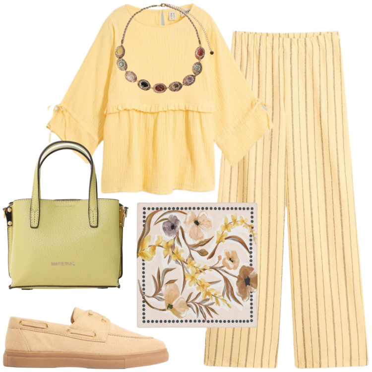 Outfit donna - Casual. Stile Casual per Tutti i giorni. Abbinamento con mocassini, pantaloni, bluse, foulard, collane, borse a tracolla.