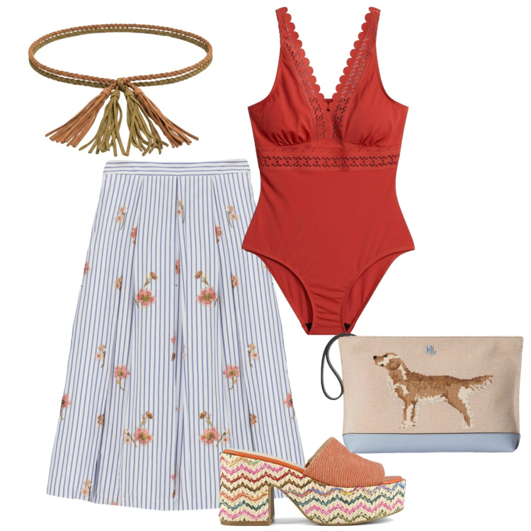 Outfit donna - Vintage, dal lido al bar con amiche. Stile Casual per Mare. Abbinamento con costumi interi, gonne longuette, cinture, pochette, sandali col tacco.
