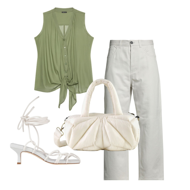 Outfit donna - Luglio. Stile Basic per Serata fuori. Abbinamento con pantaloni, sandali col tacco, top, borse a mano.