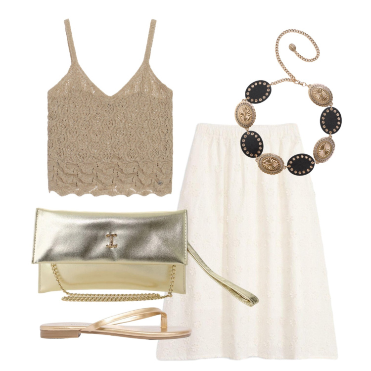 Outfit donna - Luglio. Stile Romantica per Serata fuori. Abbinamento con gonne longuette, sandali, cinture, maglieria, borse a tracolla.