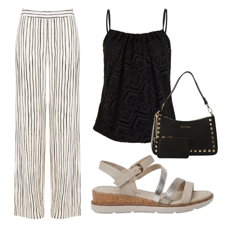 Outfit donna - Righe che illuminano. Stile Casual per Serata fuori. Abbinamento con top, sandali, pantaloni a palazzo, borse a spalla.