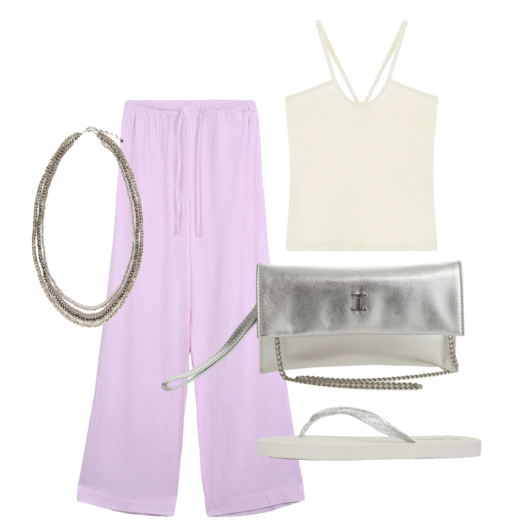 Outfit donna - Luglio. Stile Basic per Tutti i giorni. Abbinamento con pantaloni, infradito, collane, borse a tracolla, canottiere.