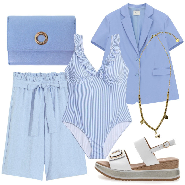 Outfit donna - Casual chic al ristorante del lido. Stile Casual chic per Mare. Abbinamento con costumi interi, bermuda, blazer, portafogli, ciondoli, sandali.