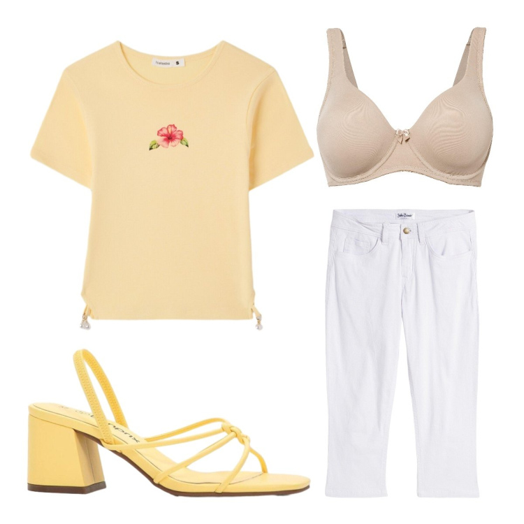 Outfit donna - Stampa hibiscus. Stile Casual chic per Ufficio. Abbinamento con jeans slim fit, reggiseni, sandali col tacco, t-shirt.