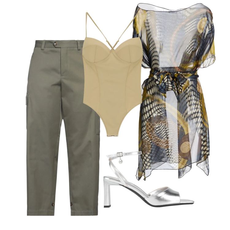 Outfit donna - Luglio. Stile Chic per Serata fuori. Abbinamento con pantaloni cargo, sandali col tacco, top, body.