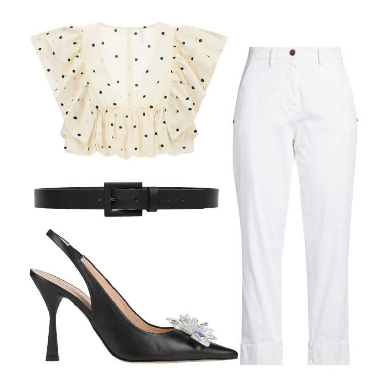 Outfit donna - Pois che illuminano. Stile Chic per Cerimonia. Abbinamento con pantaloni, décolleté, cinture, top.