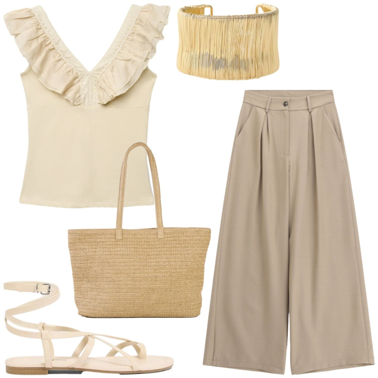 Outfit donna - Le tonalità dell\' estate. Stile Minimal per Tutti i giorni. Abbinamento con shopping bag, sandali, canottiere, pantaloni a palazzo, braccialetti.