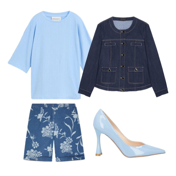 Outfit donna - Stampa foliage delave’. Stile Basic per Tutti i giorni. Abbinamento con décolleté, t-shirt, blazer, bermuda.