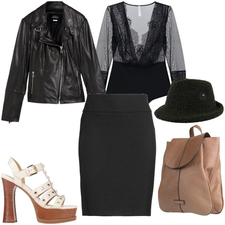 Outfit donna - Total look #2436187. Stile Rock per Serata fuori. Abbinamento con minigonne, zaini, sandali in pelle, giacche, body, cappelli.