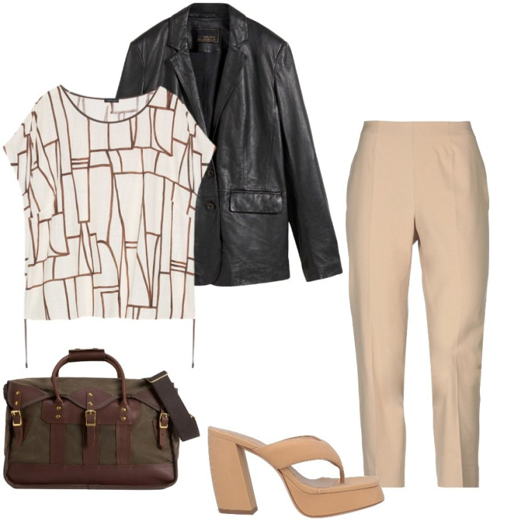 Outfit donna - Total look #2436195. Stile Casual chic per Tutti i giorni. Abbinamento con ciabatte, pantaloni, blazer, t-shirt, borse a tracolla.
