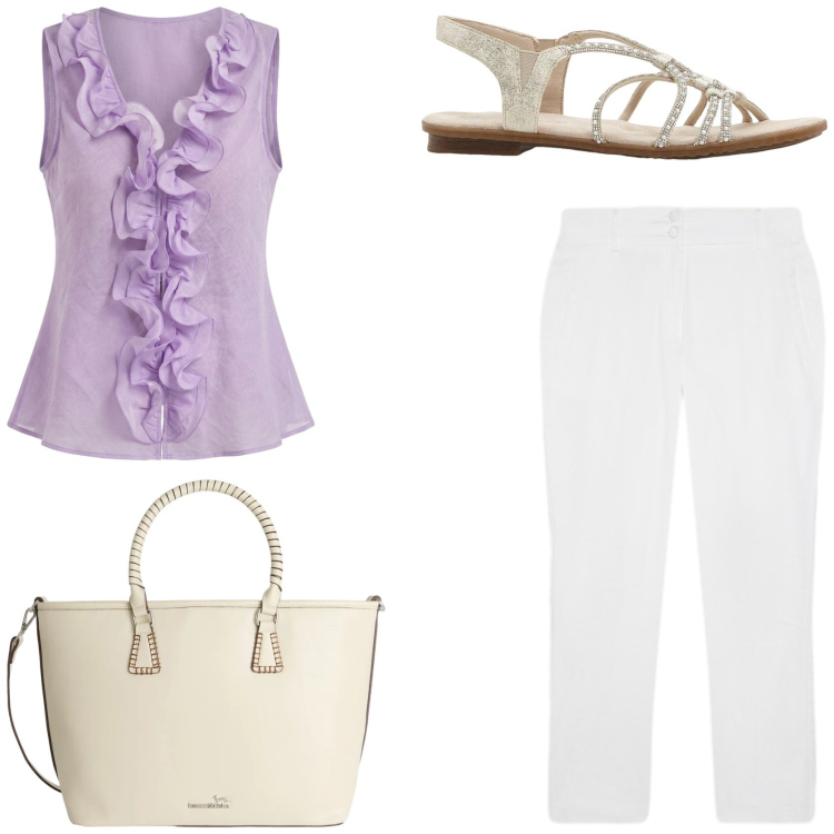 Outfit donna - Il potere del colore. Stile Romantica per Tutti i giorni. Abbinamento con sandali, camicie a manica corta, shopping bag, pantaloni.