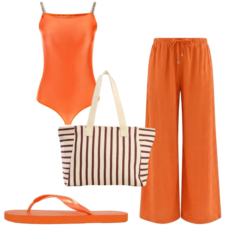 Outfit donna - Total look #2436212. Stile Casual per Mare. Abbinamento con shopping bag, infradito, pantaloni a palazzo, top.