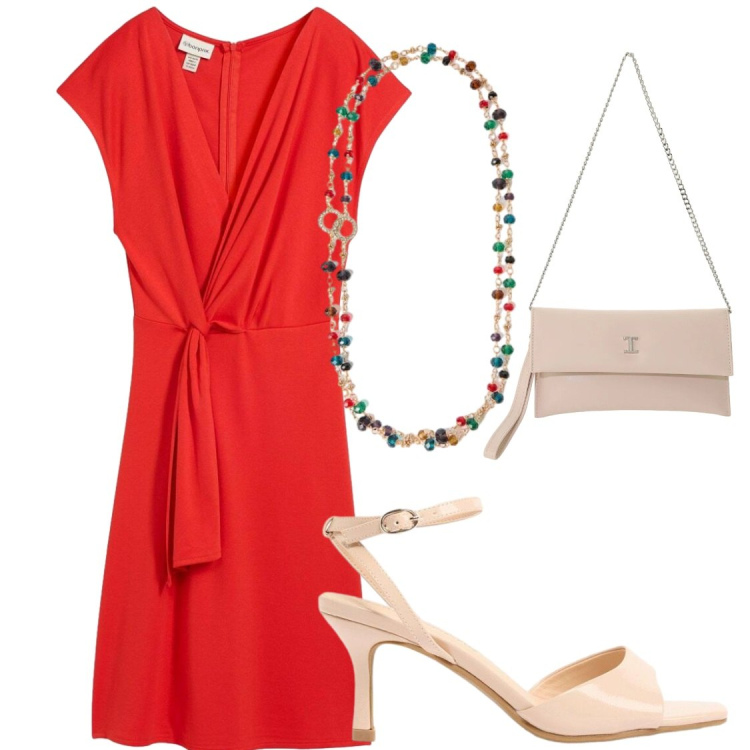 Outfit donna - In rosso. Stile Chic per Serata fuori. Abbinamento con vestiti midi/longuette, sandali col tacco, collane, borse a tracolla.