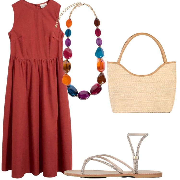 Outfit donna - Al tramonto. Stile Chic per Serata fuori. Abbinamento con vestiti midi/longuette, shopping bag, sandali, collane.