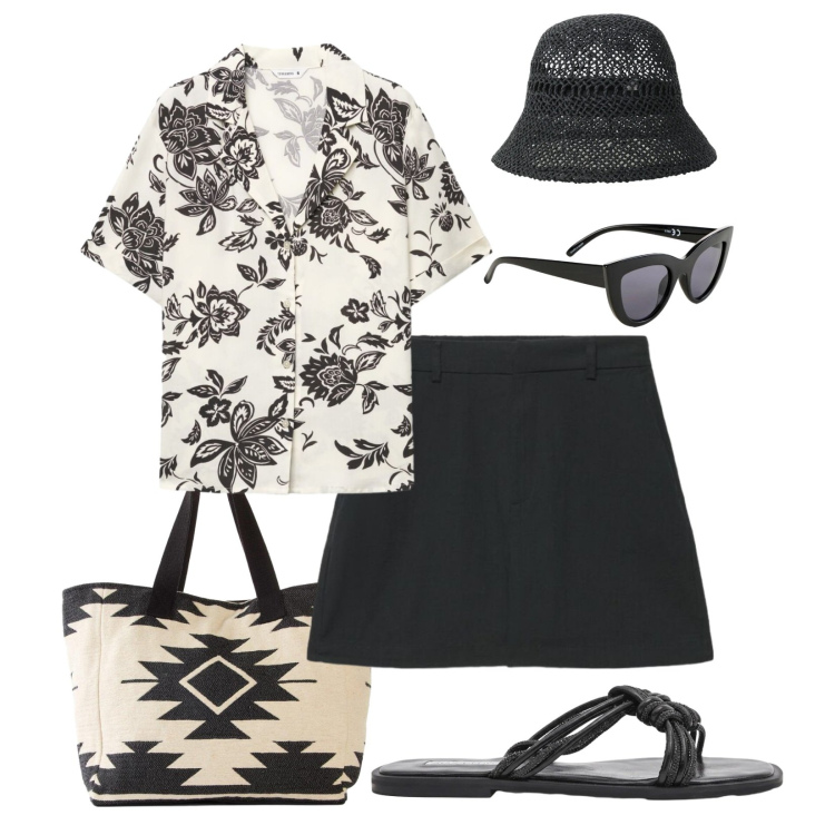 Outfit donna - Camicia in viscosa. Stile Casual per Mare. Abbinamento con occhiali da sole, shopping bag, camicie a manica corta, shorts, sandali, cappelli.