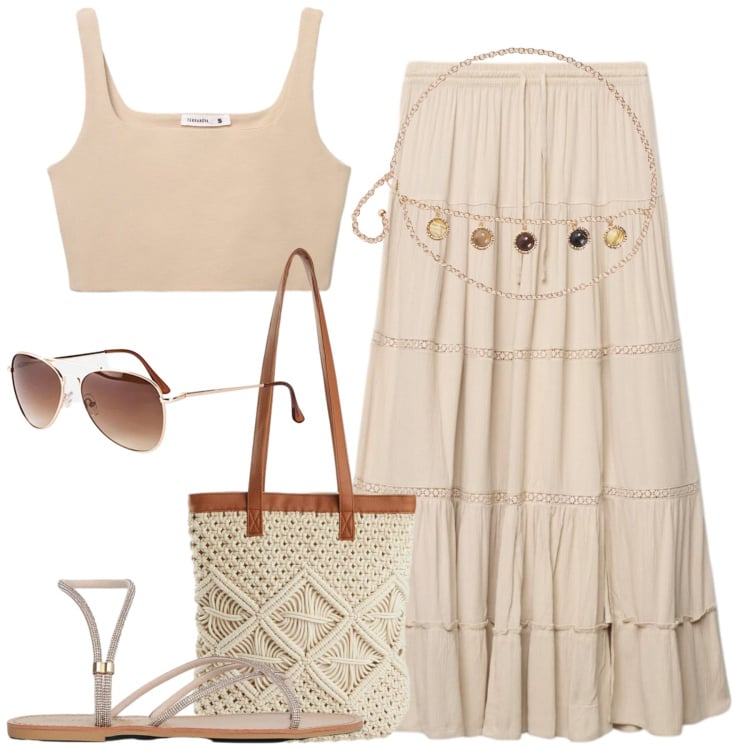 Outfit donna - Luglio. Stile Boho per Tutti i giorni. Abbinamento con occhiali da sole, shopping bag, gonne lunghe, sandali, cinture, canottiere.