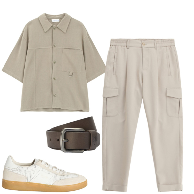Outfit uomo - Safari urbano. Stile Casual per Tutti i giorni. Abbinamento con sneakers, cinture, pantaloni cargo, camicie a manica corta.