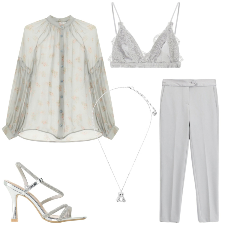 Outfit donna - Camicia in vacanza. Stile Casual chic per Serata fuori. Abbinamento con pantaloni, sandali col tacco, reggiseni, camicie, ciondoli.