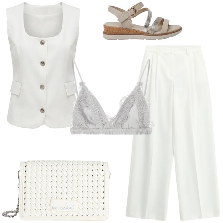 Outfit donna - Look minimalista. Stile Minimal per Tutti i giorni. Abbinamento con sandali, borse a tracolla, gilet, pantaloni a palazzo, reggiseni.