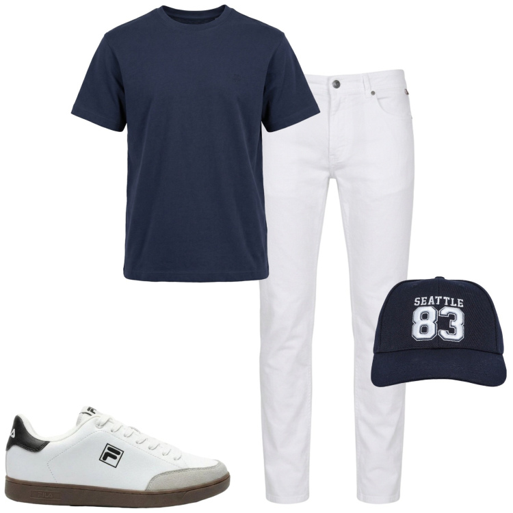 Outfit uomo - Luglio. Stile Casual per Tutti i giorni. Abbinamento con sneakers, t-shirt, pantaloni, cappelli.