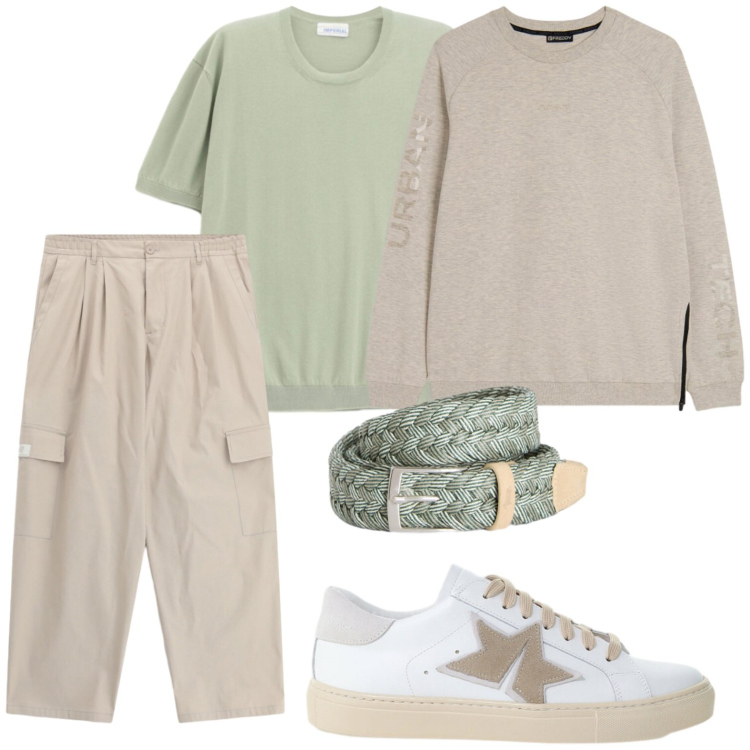 Outfit uomo - Safari urbano. Stile Casual per Tutti i giorni. Abbinamento con cinture, felpe, t-shirt, sneakers, pantaloni cargo.