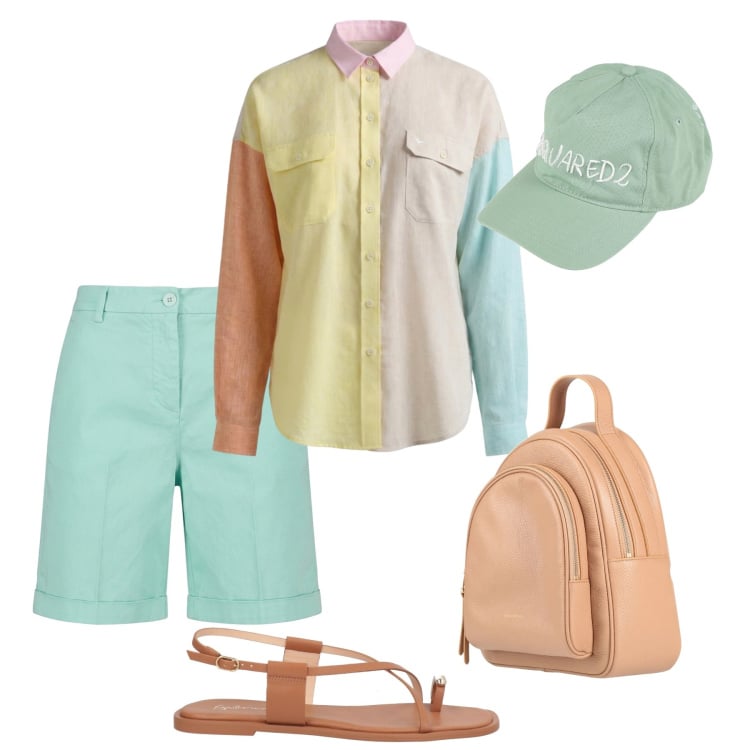 Outfit donna - Camicia color block - @susystyle. Stile Casual per Tutti i giorni. Abbinamento con cappelli con visiera, zaini, ciabatte, camicie, bermuda.