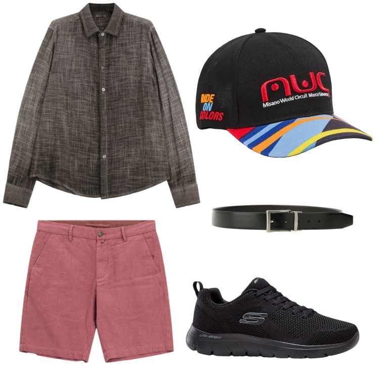 Outfit uomo - Outfit fresco. Stile Casual per Tutti i giorni. Abbinamento con sneakers, cappelli con visiera, bermuda, camicie, cinture.