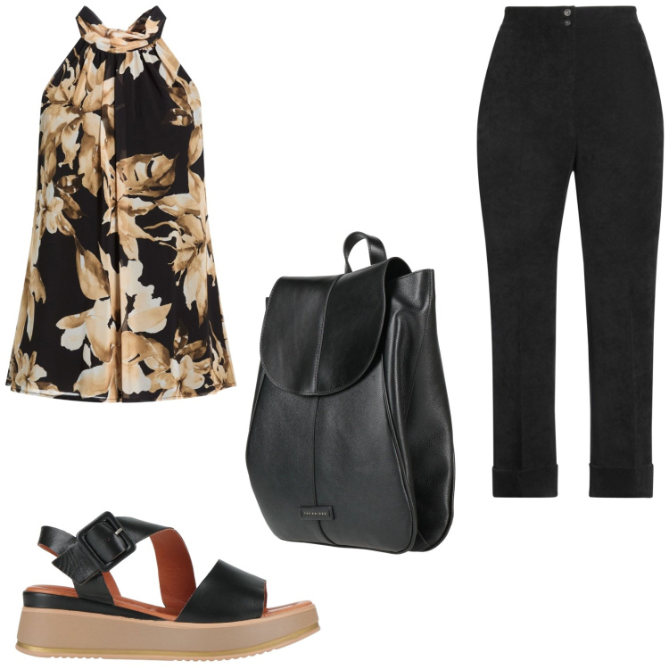 Outfit donna - Stilosa in ufficio. Stile Casual chic per Ufficio. Abbinamento con pantaloni, zaini, top, sandali in pelle.