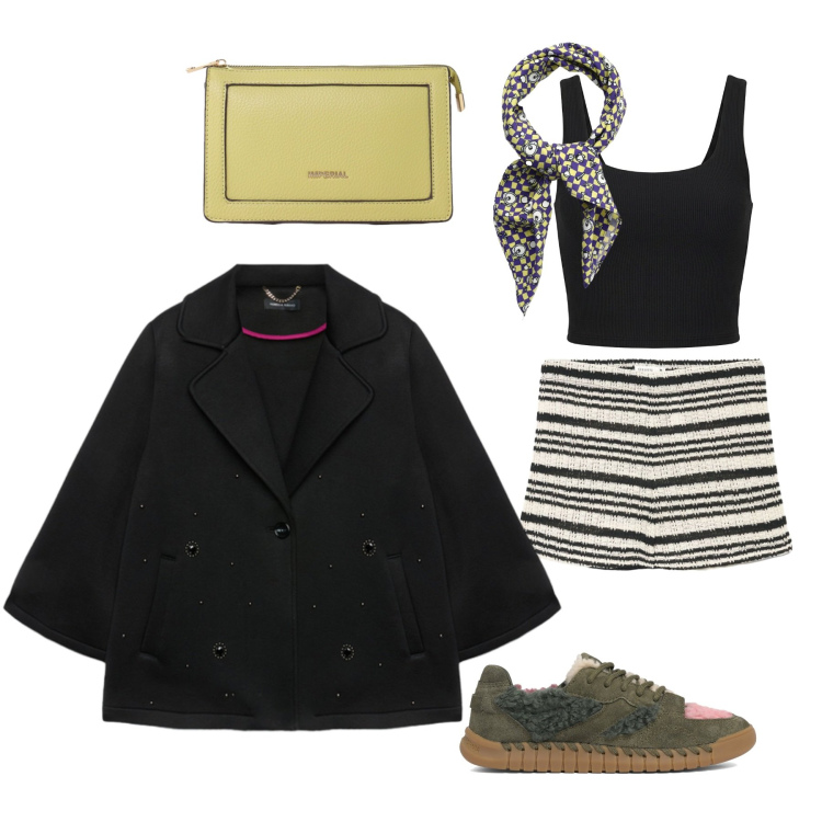 Outfit donna - Easy day. Stile Casual per Tutti i giorni. Abbinamento con foulard, shorts, borse a tracolla, cappotti, sneakers, canottiere.