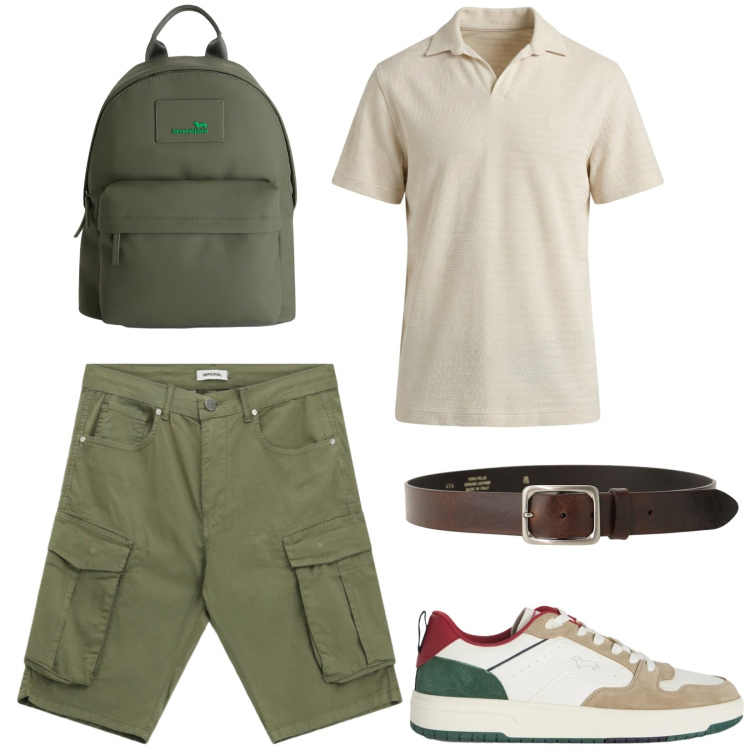Outfit uomo - Safari urbano. Stile Urban per Tutti i giorni. Abbinamento con sneakers, borse sportive, polo, bermuda, cinture.