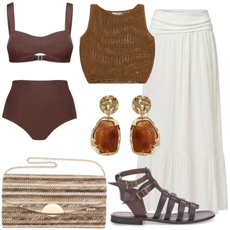Outfit donna - White & brown. Stile Casual chic per Serata fuori. Abbinamento con top, orecchini, bikini, gonne lunghe, sandali alla schiava, clutch.