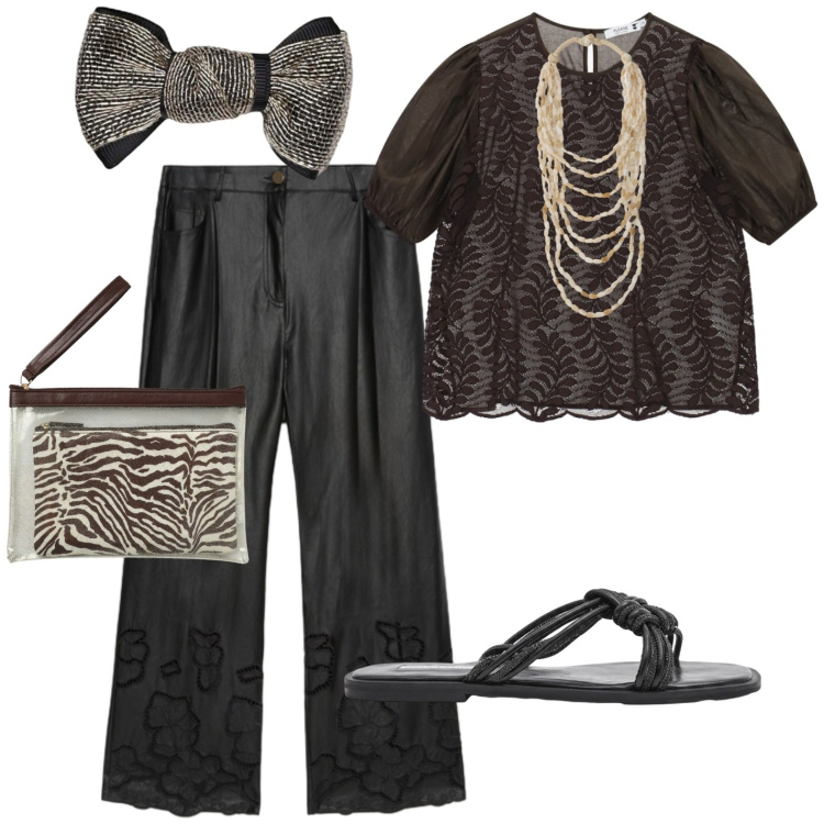 Outfit donna - Serata. Stile Casual chic per Serata fuori. Abbinamento con camicie, pochette, pantaloni, bluse, sandali, collane.