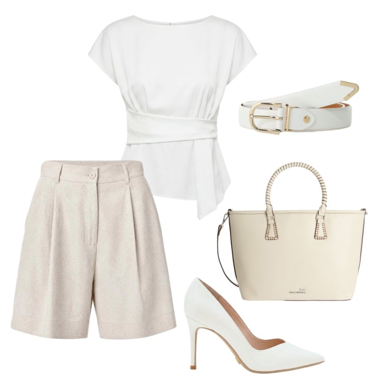Outfit donna - Il potere del bianco. Stile Glamour per Serata fuori. Abbinamento con shorts, shopping bag, bluse, décolleté, cinture.