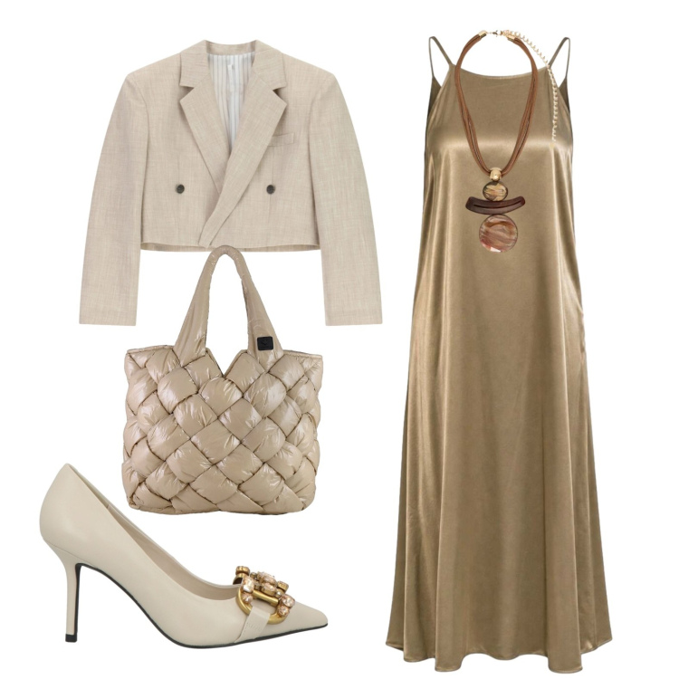 Outfit donna - Serata. Stile Chic per Serata fuori. Abbinamento con décolleté, vestiti lunghi, ciondoli, borse tote, blazer.