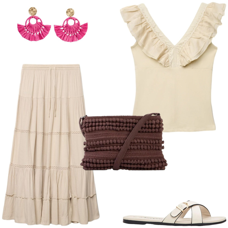 Outfit donna - Drappeggi e Ruches. Stile Romantica per Tutti i giorni. Abbinamento con ciabatte, borse a tracolla, orecchini, gonne lunghe, canottiere.