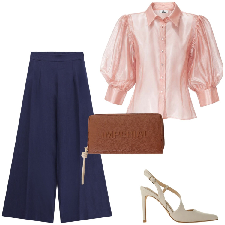 Outfit donna - Outfit per una cerimonia. Stile Glamour per Cerimonia. Abbinamento con camicie a manica corta, décolleté, portafogli, pantaloni a palazzo.