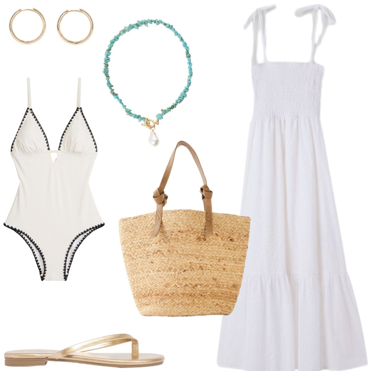 Outfit donna - Il bianco in una giornata al mare. Stile Romantica per Mare. Abbinamento con costumi interi, orecchini, shopping bag, sandali, vestiti lunghi, collane.