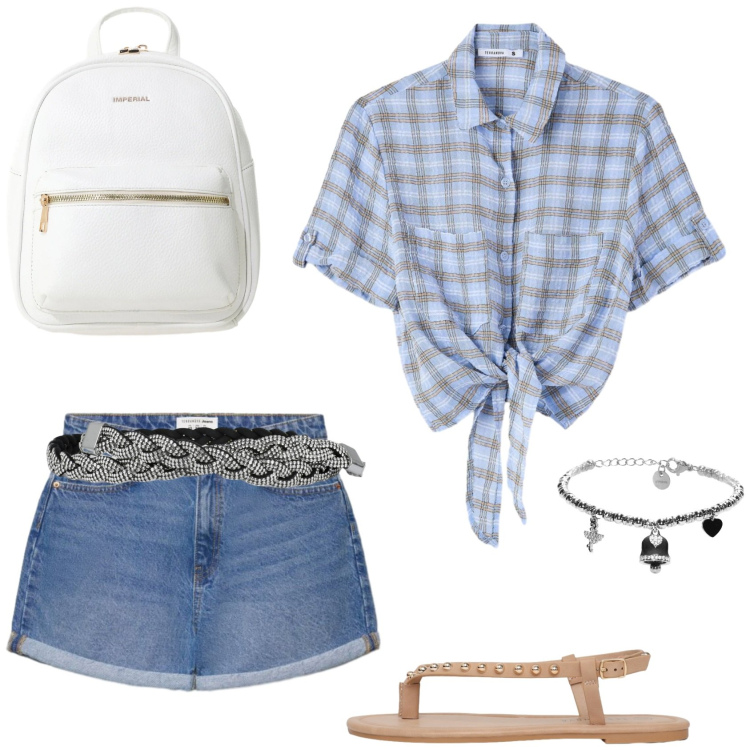Outfit donna - Casual in estate. Stile Casual per Tutti i giorni. Abbinamento con shorts, cinture, ciabatte, camicie a manica corta, zaini, braccialetti.