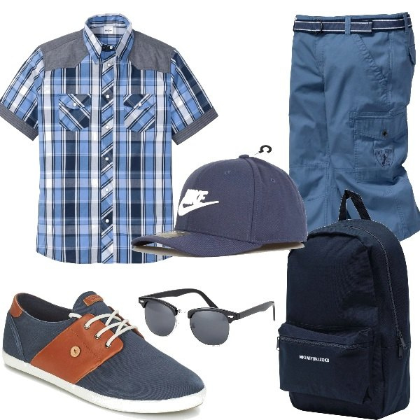 Outfit uomo - Pantaloncini blu fresh low cost. Stile Urban per Tutti i giorni. Abbinamento con camicie a manica corta, pinocchietto cargo con tasche blu, sneakers.