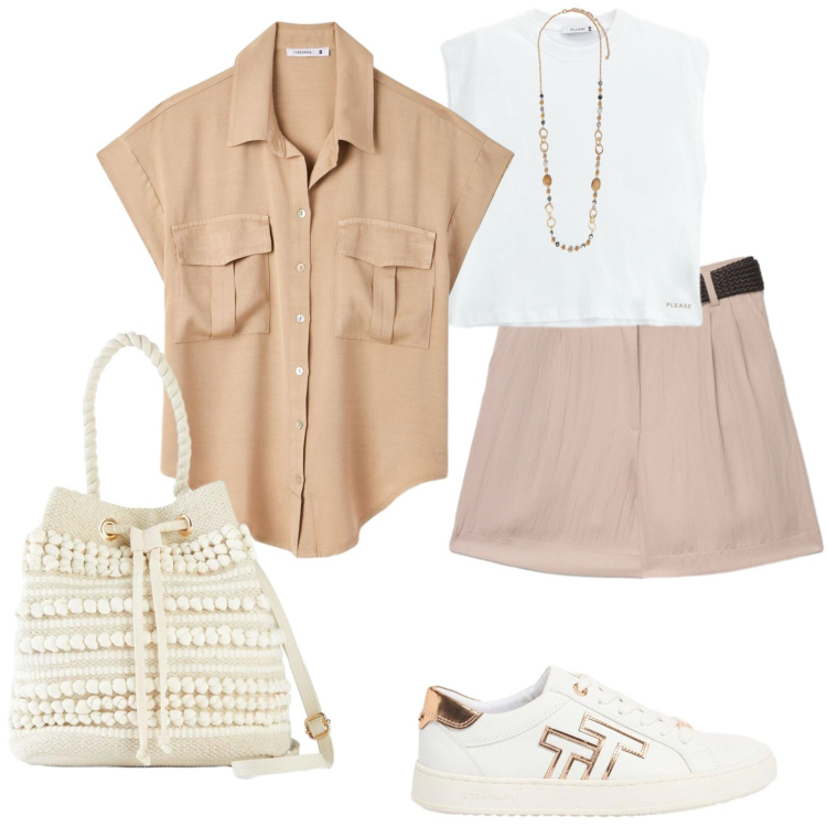 Outfit donna - La camicia in vacanza. Stile Basic per Mare. Abbinamento con sneakers, borse a secchiello, bermuda, camicie a manica corta, top, collane.