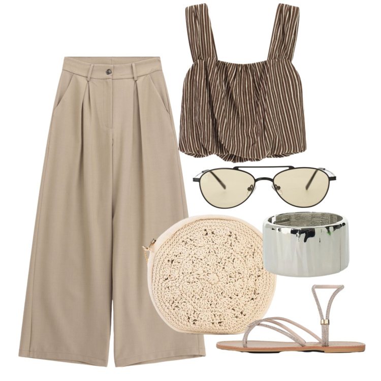 Outfit donna - Luglio. Stile Casual per Tutti i giorni. Abbinamento con borse a tracolla, sandali, pantaloni a palazzo, occhiali da sole, braccialetti, top.