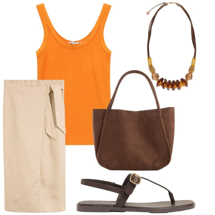 Outfit donna - Accostamenti su arancio. Stile Chic per Serata fuori. Abbinamento con gonne longuette, sandali, shopping bag, top, collane.