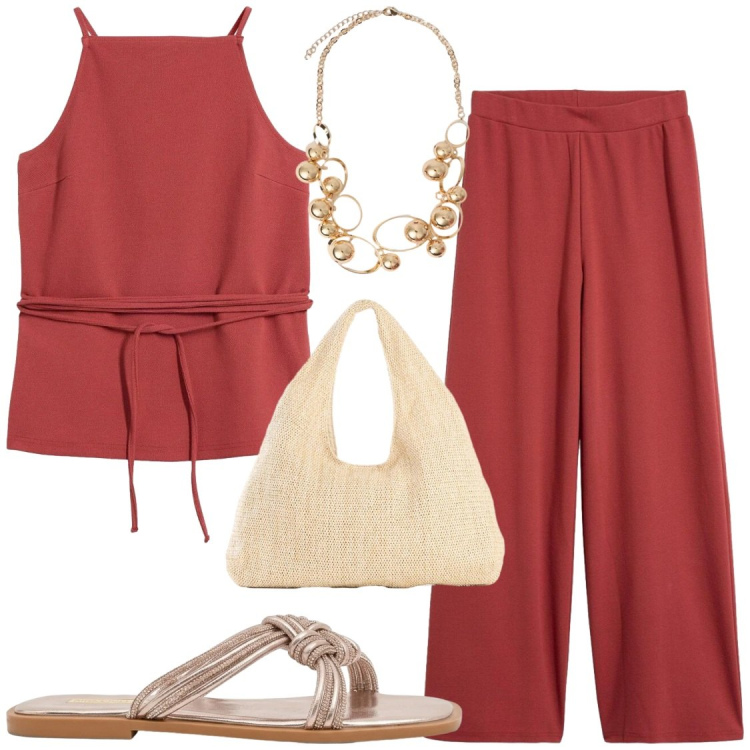 Outfit donna - Rosso mattone giallo tenere e oro. Stile Chic per Serata fuori. Abbinamento con top, shopping bag, pantaloni, sandali, collane.