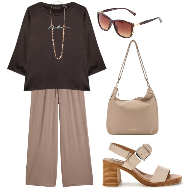 Outfit donna - Positive feeling. Stile Basic per Tutti i giorni. Abbinamento con pantaloni, occhiali da sole, bluse, collane, sandali col tacco, zaini.