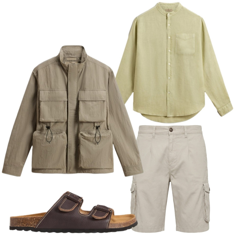 Outfit uomo - Look avventuroso. Stile Trendy per Tutti i giorni. Abbinamento con bermuda, camicie, sandali, giacche.